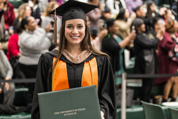 graduating Jindal School student getting her accounting degree at UT Dallas commencement ceremonies
